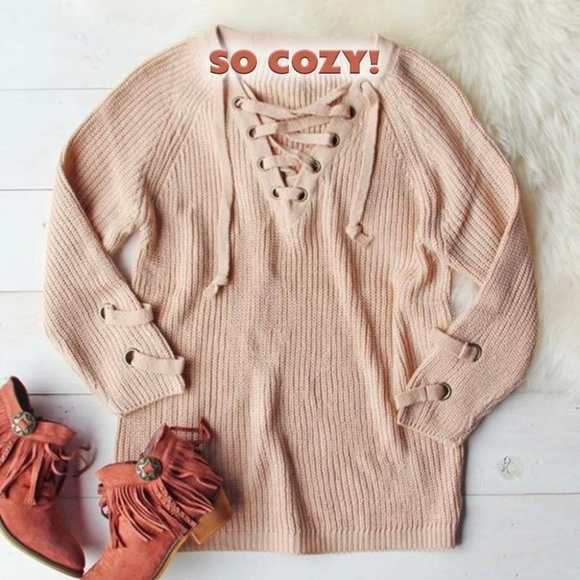 Lace Up Cozy Tan~Taupe Sweater - Picture 4 of 10